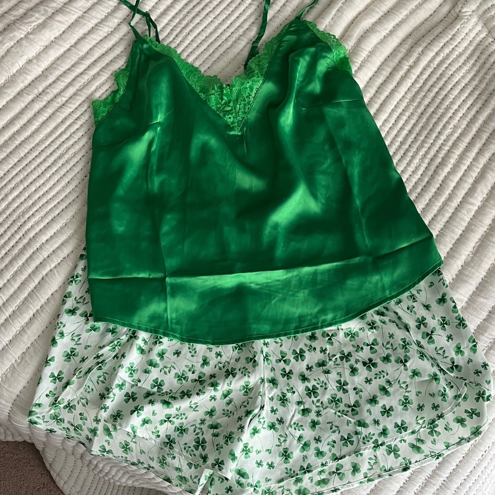 Green Satin Cami and Clover Print Shorts Set